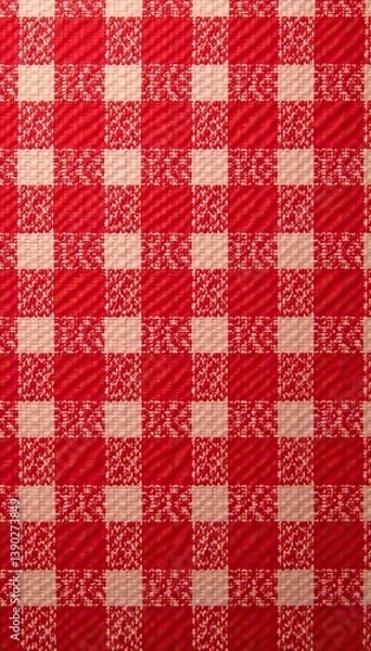 Fototapeta Red traditional gingham background with small, evenly spaced white squares,  rustic,  cloth