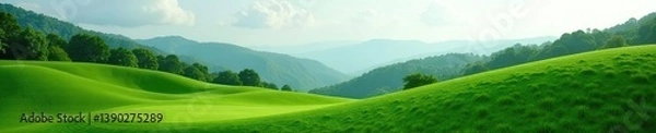 Fototapeta Restorative landscape featuring gentle slopes, lush greenery, and a serene atmosphere,  tranquil,  gentle slopes