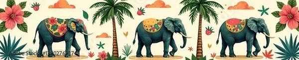 Fototapeta Retro tropical seamless pattern with elephant, palm tree, and flower illustrations in patchwork style,  exotic,  texture
