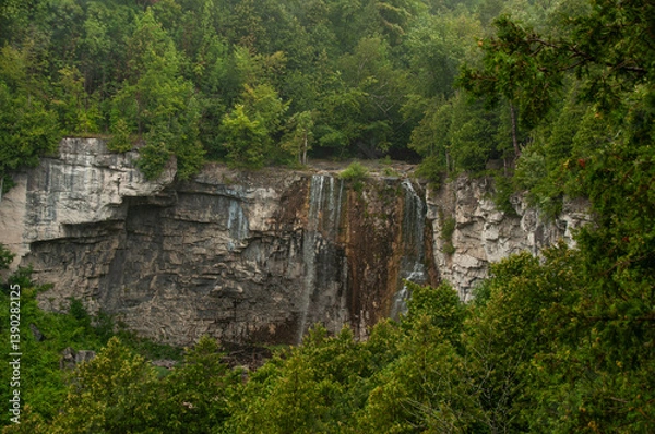 Fototapeta Beautiful waterfall on the Niagara Escarpment surrounded by forest and cliff rock formations, creating a serene and picturesque natural landscape. (Eugenia Falls, Ontario)