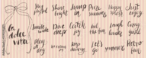 Fototapeta Retro Handwritten Lettering Quotes with Ribbon Bow on Striped Background evoke Playful Summer Vibes in Vintage Aesthetic for Creative Design. Vector illustration
