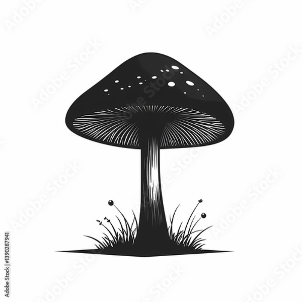 Obraz Black and White Fungal Vector: Organic Mushroom Illustration in Nature Graphics