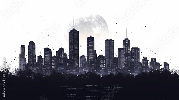 Obraz Urban Night Scene with Moonrise: Monochrome Digital Skyline Artwork