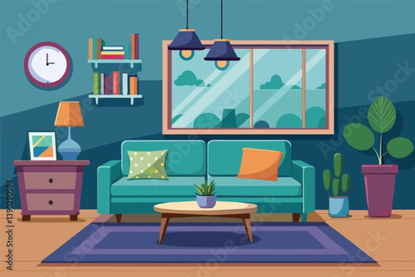 Obraz A cartoon illustration depicting a living room interior with a teal sofa, two pillows, a coffee table, potted plants, bookshelves, and a window.