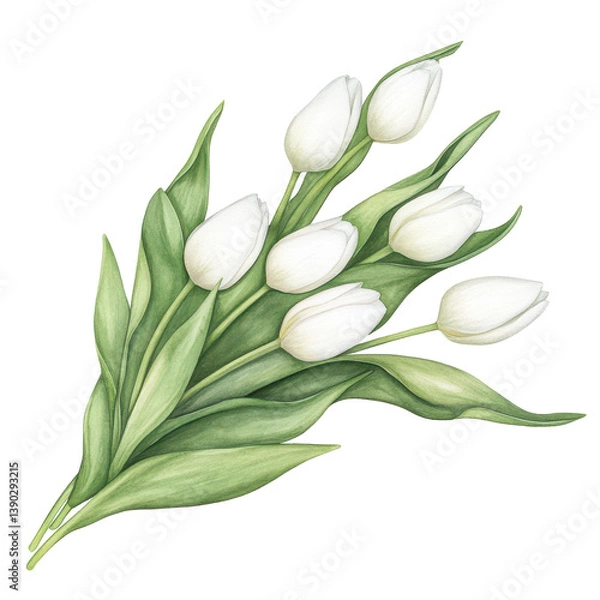 Fototapeta Pure Tulips in Bloom: A captivating bouquet of pristine, white tulips gracefully arranged against a backdrop of green foliage. Their petals, freshly bloomed, exude a sense of elegance and serenity.