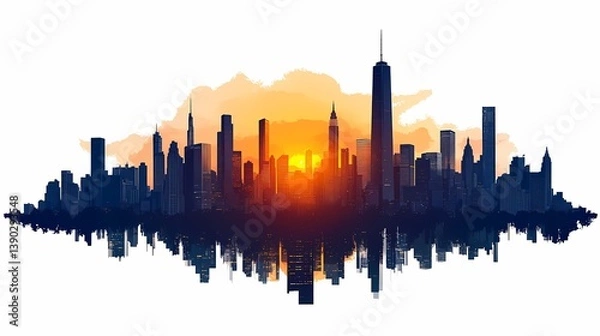 Obraz City Skyline at Sunset: Vibrant Urban Landscape with Silhouette Reflections and Skyscrapers in Evening Light