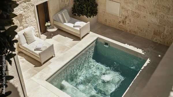 Fototapeta Tranquil Outdoor Retreat with Modern Pool and Stylish Lounge Chairs in Serene Surrounding
