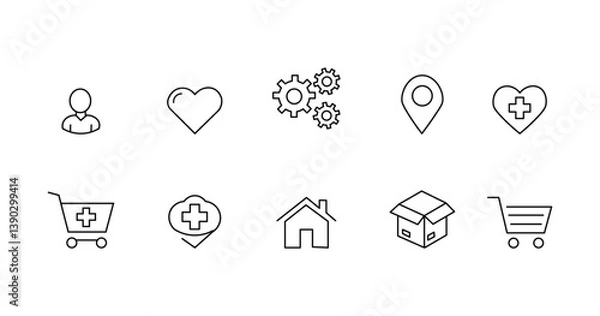 Obraz Minimal Line UI Icons – Health, Shopping Cart, Location, Settings, Home, Delivery & User Profile
