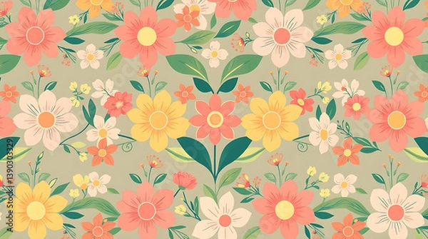 Fototapeta Beautiful seamless panoramic floral pattern in the summer, created by generative ai