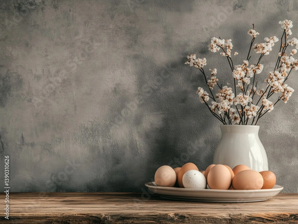 Fototapeta Easter eggs and spring flowers creating a cozy atmosphere on a wooden table