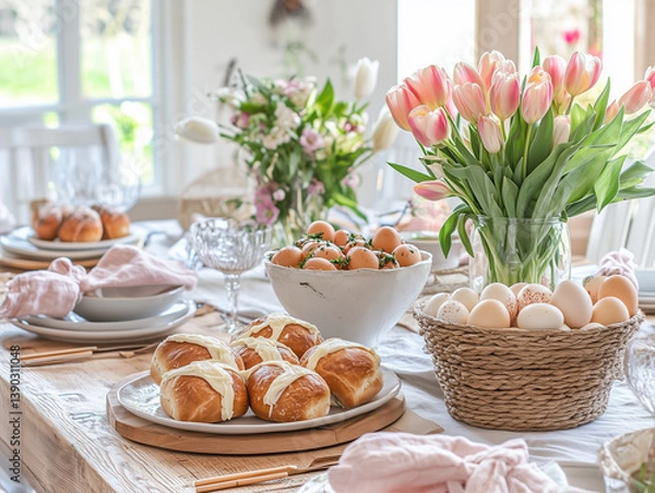Fototapeta Easter table setting decorated with hot cross buns, eggs, and tulips
