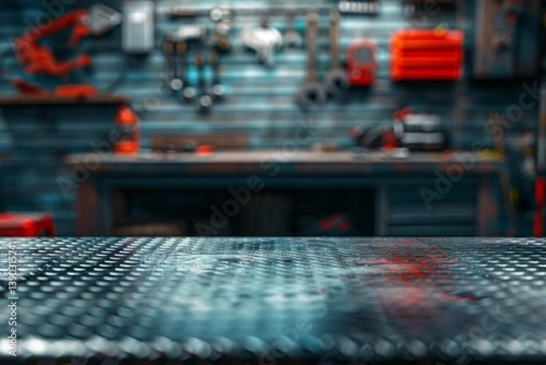 Fototapeta metal blank tabletop with blurred automotive tools and parts in the background suitable for promoting automotive products