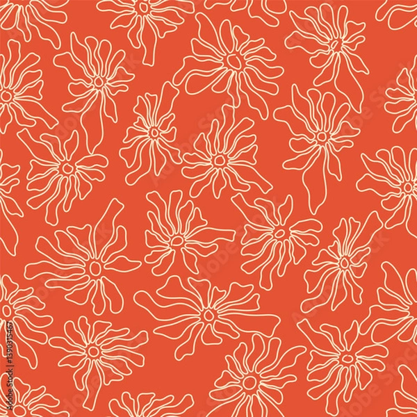 Fototapeta Seamless botanical pattern with outlined flowers on a soft green backdrop. Modern, organic design suitable for textiles and backgrounds. Trendy, minimalist aesthetic.