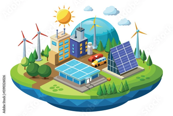 Fototapeta An illustration depicting a modern cityscape with solar panels and wind turbines, showcasing sustainable energy solutions in a bright and sunny setting.