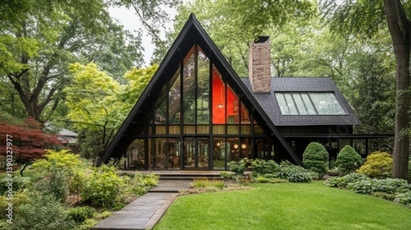 Fototapeta Beautiful architectural home with sharp angles, floor-to-ceiling windows, and lush garden surroundings.