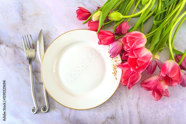 Fototapeta Festive place setting with white plate, forged fork and knife and bunch of pink tulips on a marbre background; top view