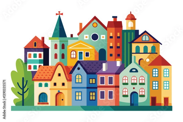 Fototapeta A whimsical illustration depicts a colorful European cityscape, featuring various buildings, including a tall tower and a church, all set against a white background.