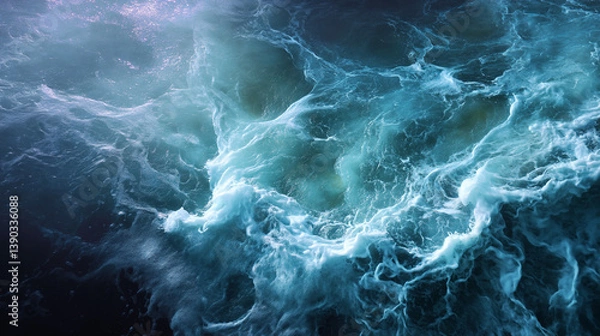 Fototapeta Aerial view of turbulent ocean water showing surface agitation and foam formation in shades of blue