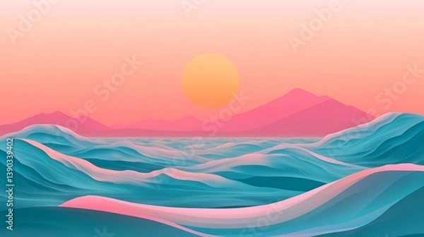Obraz Pastel sunset over stylized ocean and mountains. (2)