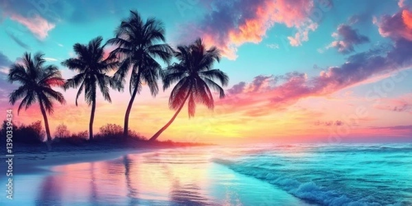 Fototapeta Palm trees and beach silhouettes against the backdrop of a beautiful sunset over the ocean.