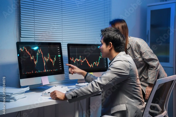 Obraz Two stockbrokers pointing at computer screens showing candlestick charts, analyzing cryptocurrency and financial market data