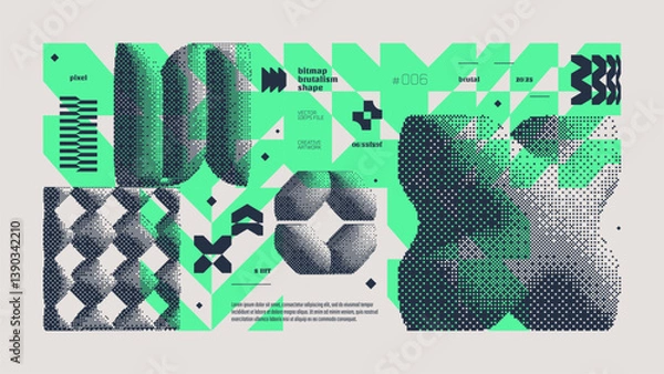 Fototapeta Dithering bitmap abstract vector color background with Postmodern geometric graphic brutalism shapes, Y2K bold vector pixelated modernism artwork banner inspiration by retro 8-bit aesthetic, yellow 6