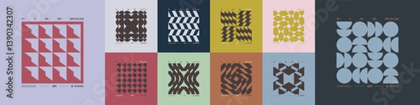 Fototapeta Kit of Postmodern geometric compositions with abstract shapes in brutalism aesthetics, mosaic of brutal figures, trendy color retro futuristic elements, vector modernist ornament, cards art 8