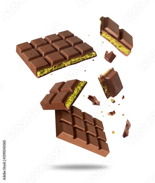 Fototapeta Broken Dubai chocolate in the air isolated on a white background. Dubai chocolate is made with pistachio paste and kadayif