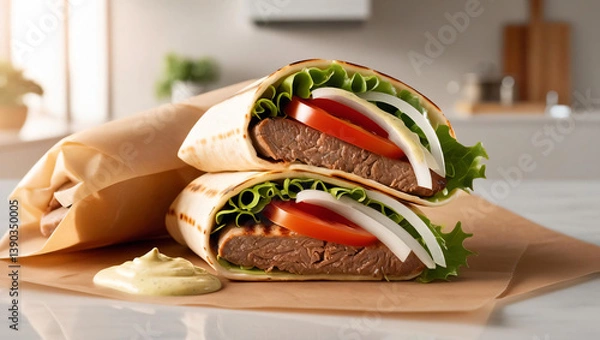 Fototapeta A Beef Steak Wrap with Vegetables in a Restaurant Setting