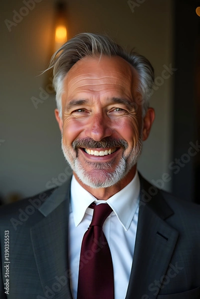 Fototapeta  Mid-Aged Man Smiling, Exuding Smart, Approachable Energy and Charisma. AI-generated