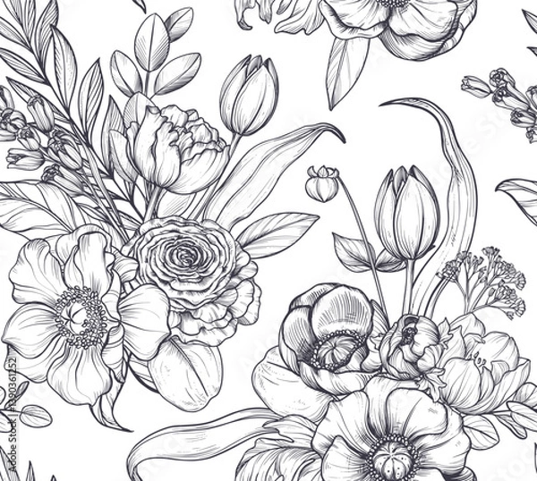 Obraz Vector seamless pattern with bouquets of spring flowers, leaves and branches. Endless floral background