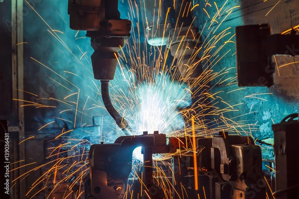Obraz Worker,welding in a car factory with sparks, manufacturing, industry
