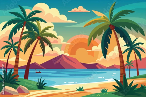 Fototapeta An illustration of a tropical beach with palm trees, a sunset over the ocean, and warm hues in the sky, creating a picturesque scene.