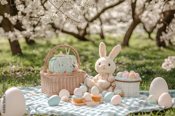 Fototapeta Easter Picnic with Bunny and Eggs in Blossom Garden