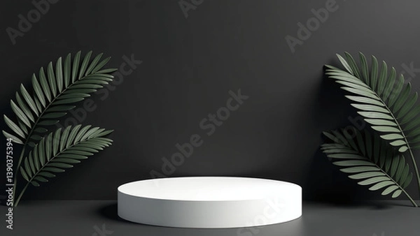 Fototapeta modern white empty podium stands black backdrop featuring intricate palm leaf details rendering