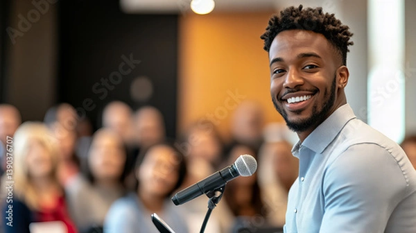 Obraz Smiling African American businessman giving speech or presentation at corporate event, confidently holding microphone, engaging audience, leadership and public speaking concept

