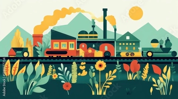 Obraz Colorful Illustration of Vintage Train and Landscape