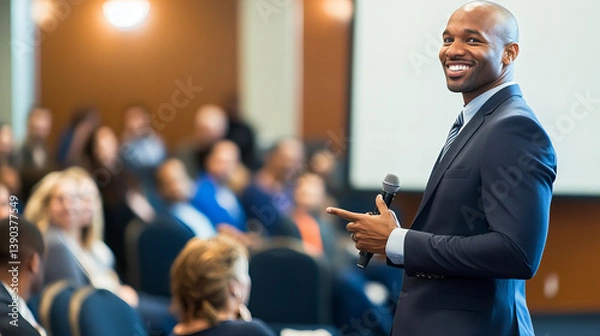 Obraz Confident African American businessman speaking at conference, seminar or corporate event, using microphone, smiling positively, public speaker engaging diverse audience successful professional career