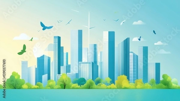 Obraz Modern Cityscape with Green Elements and Birds