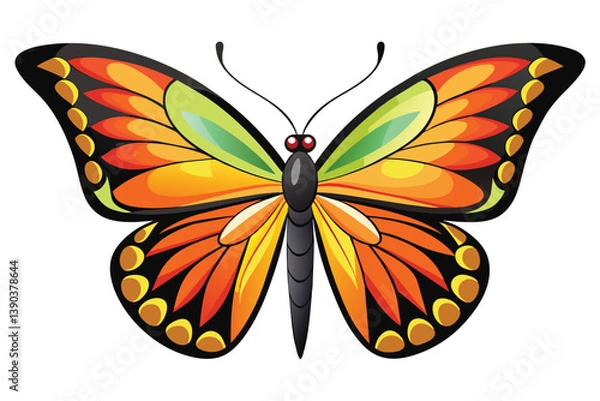 Obraz A colorful butterfly with orange, yellow, and green wings on a white background.