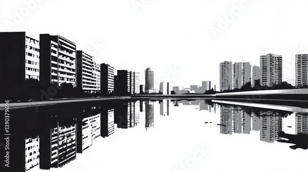 Fototapeta Cityscape reflecting in canal, urban view, for poster or wallpaper use