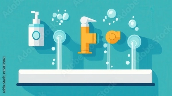 Obraz Colorful Bathroom Sink with Soap and Water Stream