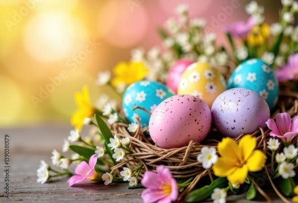 Fototapeta Colorful Easter eggs nestled in a floral arrangement for spring celebrations