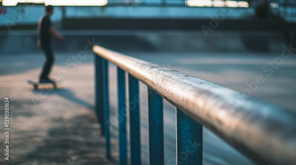 Fototapeta A young male skateboarder glides in a skatepark with a metal rail in focus, creating a dynamic urban scene.