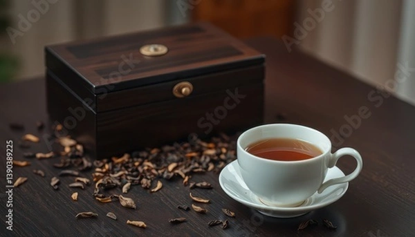 Fototapeta ⁨Realistic photograph, tea box clean mockup, dark wooden table, scattered leaves, cup of tea. A dark wooden tea box rests on a polished dark wooden table, with scattered dried tea leaves surrounding