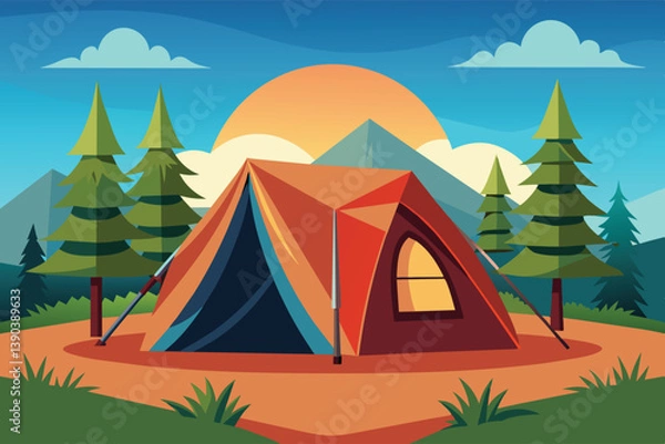 Fototapeta A colorful illustration of a camping tent set up in a forest clearing with mountains in the background, as the sun sets.