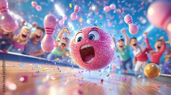 Fototapeta Bowling Frenzy: Animated Bowling Ball Rolling with Cheering Friends in a Colorful, Dynamic Scene