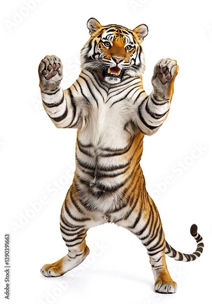 Obraz happy tiger dance , stand up by two legs and funny dance , smile, realistic pose, full body, natural light, full hd 8K, white isolated background, hyperrealistic photography