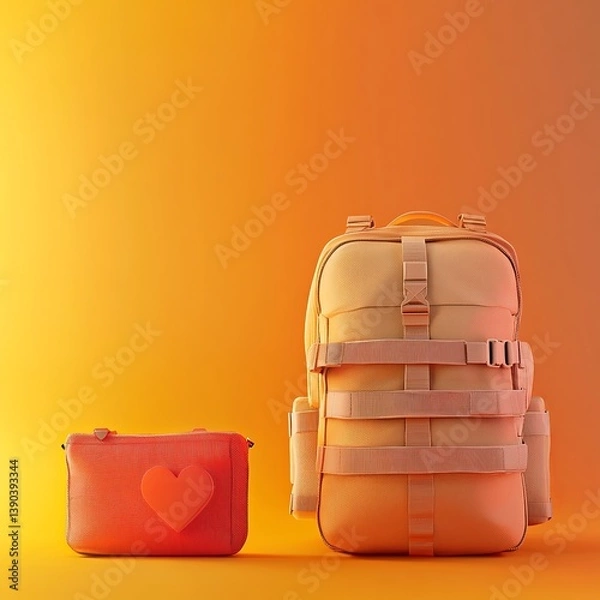 Fototapeta  Military backpack placed next to a medical health pouch, set on a rugged surface, evoking preparedness and survival
