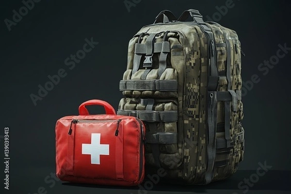 Fototapeta  Military backpack placed next to a medical health pouch, set on a rugged surface, evoking preparedness and survival